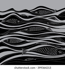 Black and white vector background with an underwater fish.