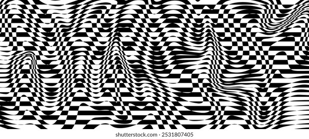 Black white vector background with waves and swirl pattern. Distorted vector texture in trendy retro psychedelic style. Black and white wavy stripes of op art.