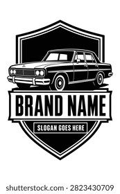 Black and white vector badge featuring a classic car silhouette inside a shield