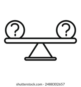 Black and white vector of a balance scale with question marks, symbolizing decision making or uncertainty