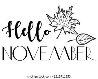 Black and white vector banner design with black Hello November lettering and two isolated decorative falling autumn leaves on white background