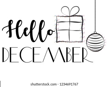 Black and white vector banner design with black Hello December lettering and isolated decorative gift and Christmas bauble with colourful confetti and geometric elements on white background
