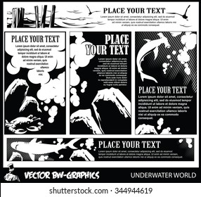 Black and white Vector banner. Underwater world.