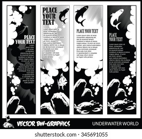 Black and white Vector banner. Underwater world.