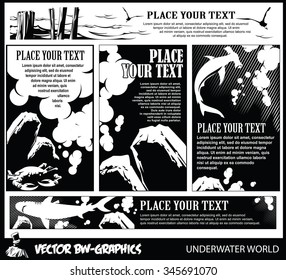 Black and white Vector banner. Underwater world.