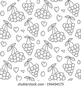 Black and white vector berries seamless pattern with hearts. Cute berries summer endless background
