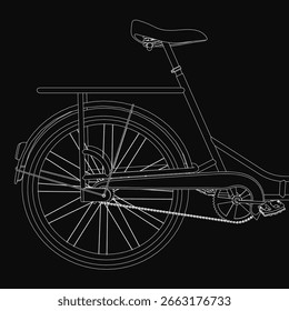 Black and white vector bicycle illustration with clean contour lines. The frame, handlebars, pedals, and seat are sharply defined against a solid black background.