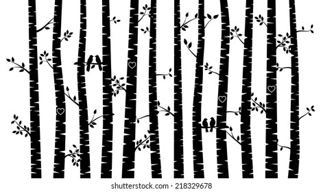 Black and White Vector Birch Tree Silhouette Background with Birds svg