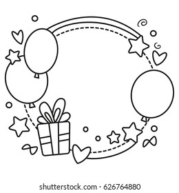 Black and white vector border for birthday party invitation card or greeting card with balloons, stars, present box, hearts, rainbow. Can be used as coloring one