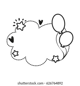 Black and white vector border for birthday party invitation card or greeting card with cloud, balloons, hearts and star. Can be used as coloring one