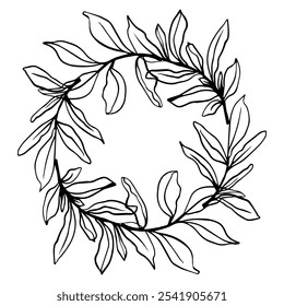 Black and white vector botanical hand drawn line illustration, contour leaves frame with a blank space. for nature inspired designs, invitations, borders, backgrounds in minimalistic elegant styles