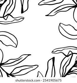 Black and white vector botanical hand drawn line illustration, contour leaves frame with a blank space. for nature inspired designs, invitations, borders, backgrounds in minimalistic elegant styles