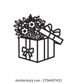 Buquê de flores preto e branco vetor na caixa de presente com arco e cartão de saudação ilustração