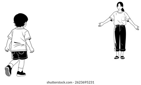 Black and white vector of a boy walking toward a smiling woman with open arms. Minimalist design with empty space in the center, perfect for text or message placement. Isolated on white background.