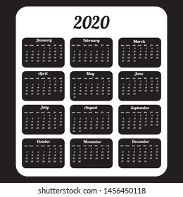 Black white vector Calendar 2020. Stylish calendar simple design template. Week starts sunday