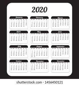 Black white vector Calendar 2020. Stylish calendar simple design template. Week starts sunday