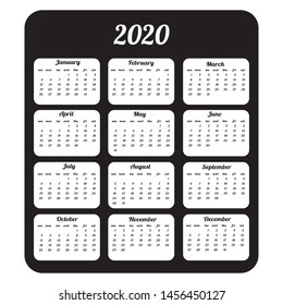 Black white vector Calendar 2020. Stylish calendar simple design template. Week starts sunday