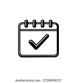 Black and white vector calendar icon with check mark reminder for successful planning and schedule completion