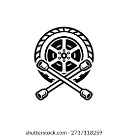 Black and white vector car wheel with crossed lug wrenches automotive service and tire repair emblem