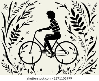 black and white vector card with a spring-summer atmosphere, a girl in a striped t-shirt rides a bicycle