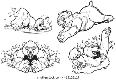 Black and White Vector cartoon clip art illustration set of bears swimming and diving with goggles on. Can be colored to look like any type of bear.