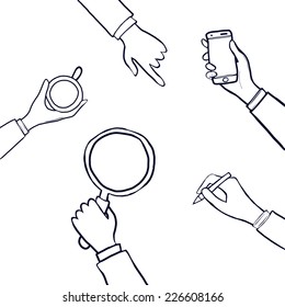 Black and white vector cartoon hands set. Hand with smartphone. Hand with pencil. Hand with cup. Hand with magnifying glass. Pointing hand. 