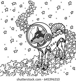 Black and white vector cartoon illustration of cute husky dog. Isometric projection. Starry outer space background. Usable for coloring book