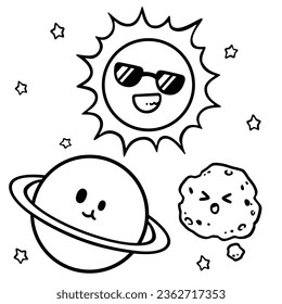 Black and White Vector Cartoon Planet and Space for Coloring book