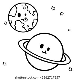 Black and White Vector Cartoon Planet and Space for Coloring book