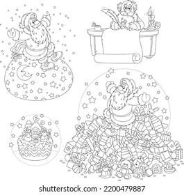 Black and white vector cartoon set of funny Santa Claus with his bag of gifts, a fancy cake and Christmas presents