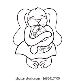 black and white vector cartoons character easter bunny hugs a big easter egg with flower ornament. 
for kindergarten children and preschoolers