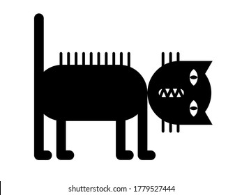 A black and white vector cat in geometric, playful and humorous style on isolated background.