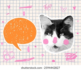 Black and white vector cat halftone collage face with open mouth and speech bubble, Half tone funny kitty head on plaid paper background