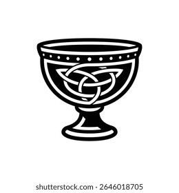 Vetor preto e branco de um cálice de estilo céltico com detalhes de nós. Ideal para logotipos, tatuagens ou temas mitológicos e espirituais.