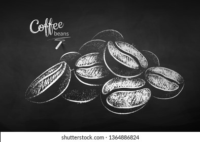 Black and white vector chalk drawn sketch of pile of coffee beans on chalkboard background.