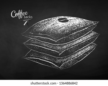Black and white vector chalk drawn sketch of stack of closed sacks with coffee beans on chalkboard background.