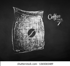 Black and white vector chalk drawn sketch of closed sack with coffee beans on chalkboard background.