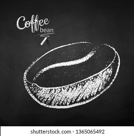Black and white vector chalk drawn sketch of one coffee bean on chalkboard background.