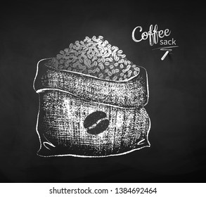 Black and white vector chalk drawn sketch of sack with coffee beans on chalkboard background.