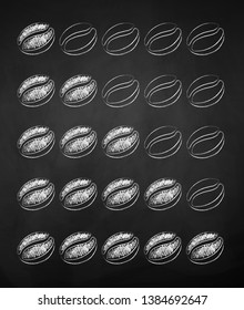 Black and white vector chalk drawn sketch of five coffee roast levels on chalkboard background.
