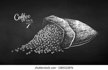 Black and white vector chalk drawn sketch of sack with coffee beans on chalkboard background.
