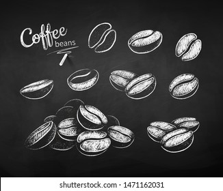 Black and white vector chalk drawn sketches set of coffee beans on chalkboard background.