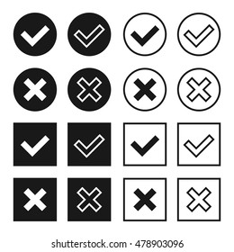 Black and white vector check marks set isolated on white background