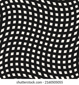 Patrón transparente de vector blanco y negro con efecto de ilusión óptica. Sencillo vector abstracto de fondo monocromo con cuadrados pequeños, rejilla. Textura distorsionada moderna. Repetir diseño vintage