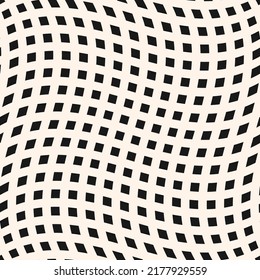 Black and white vector checkered seamless pattern with optical illusion effect. Simple abstract vector monochrome background with small squares, grid. Modern distorted texture. Op art style design