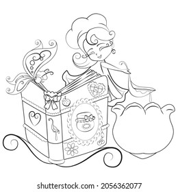 Black   white vector children's coloring illustration cute fairy tasting food and large spoon from flower   looking at beautiful cookbook and butterfly sitting it 