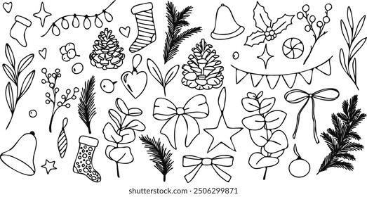 Black and white vector Christmas doodle outline illustration with festive elements like pine cones, holly, stockings, bows, and ornaments. Ideal for coloring pages, DIY crafts, and holiday designs