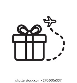 Vetor preto e branco da entrega de presente de Natal com ícone de rota de viagem de avião