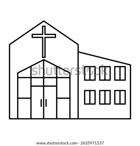 "Black and white vector church building with cross, large doors, and windows. Religious architecture icon on white background."