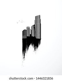 Black and white vector cityscape illustration with brush strokes.